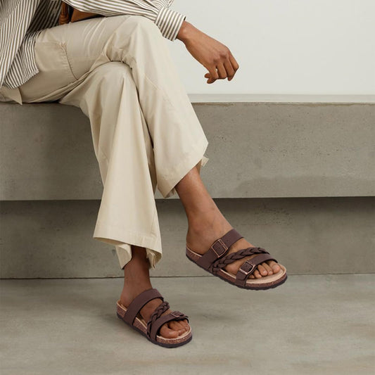 Women's Cork Footbed Sandals with Arch Support Slip-On Slide Sandals With Adjustable Buckle