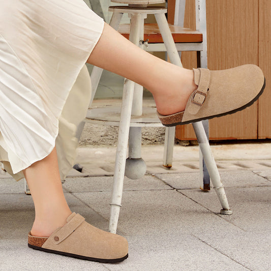 Women's Suede Clogs with Adjustable Strap Cork Footbed Leather Mules Slip on Potato Shoes
